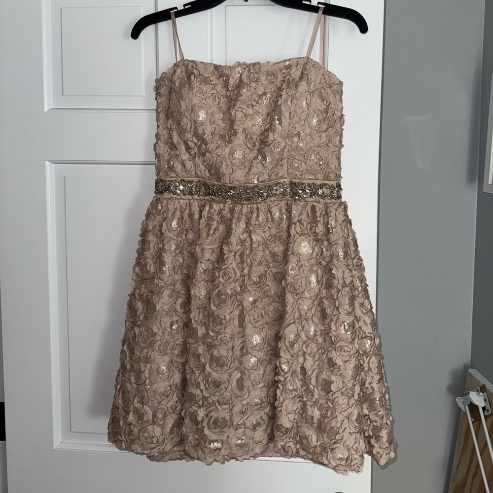 As U Wish Floral Dress in Tan with Gold Accents